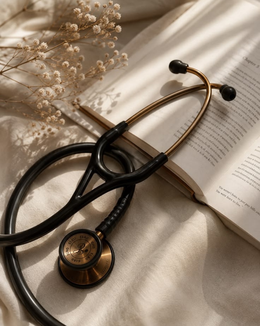 A physician's stethoscope, resting on an open book