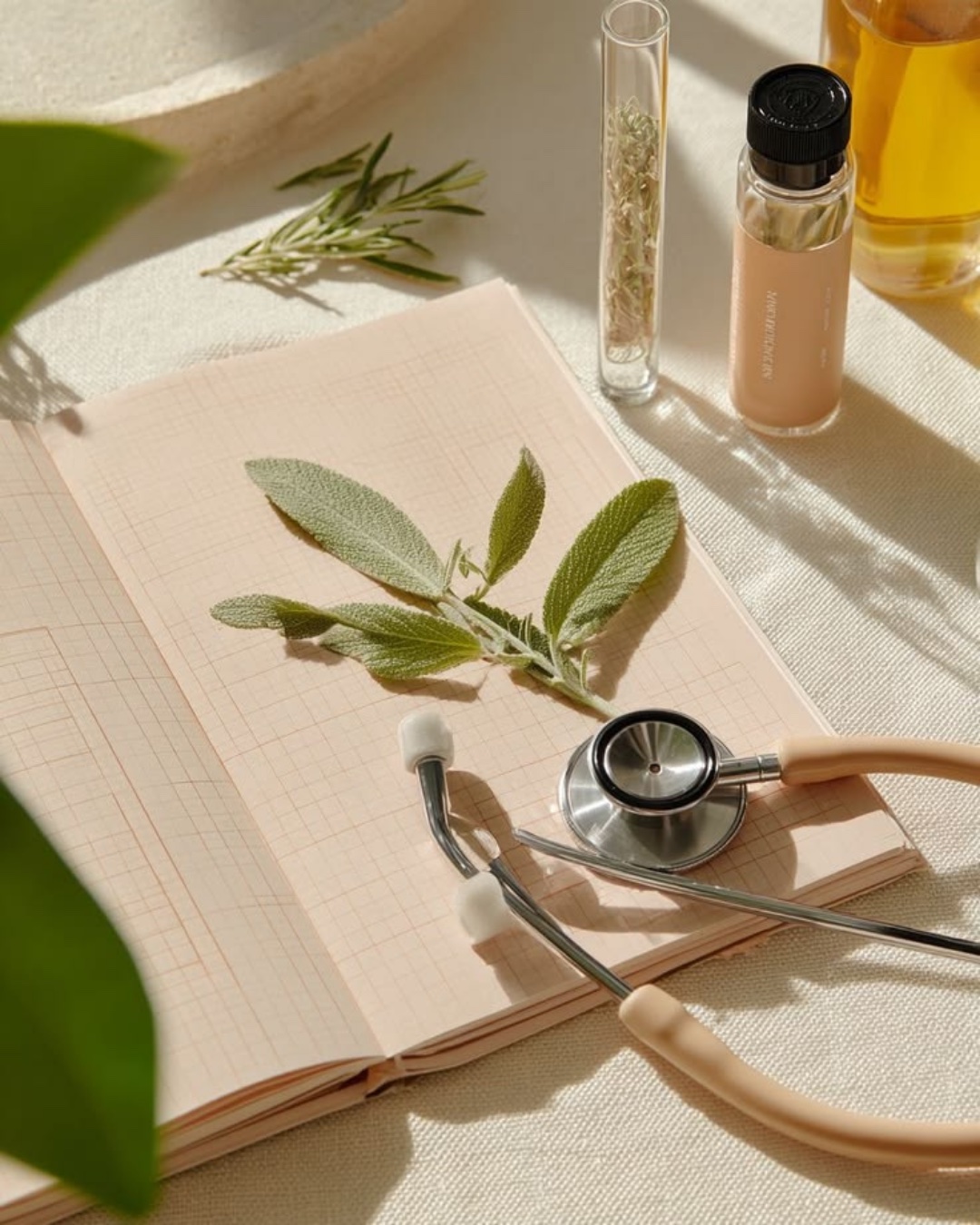 A stethoscope beside a sprig of sage, resting sunlit on paper